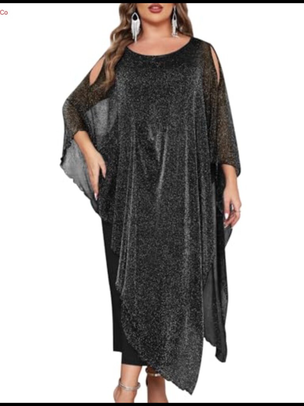 Plus Size Sparkly Mesh Cape Overlay Maxi Formal Evening Gown
